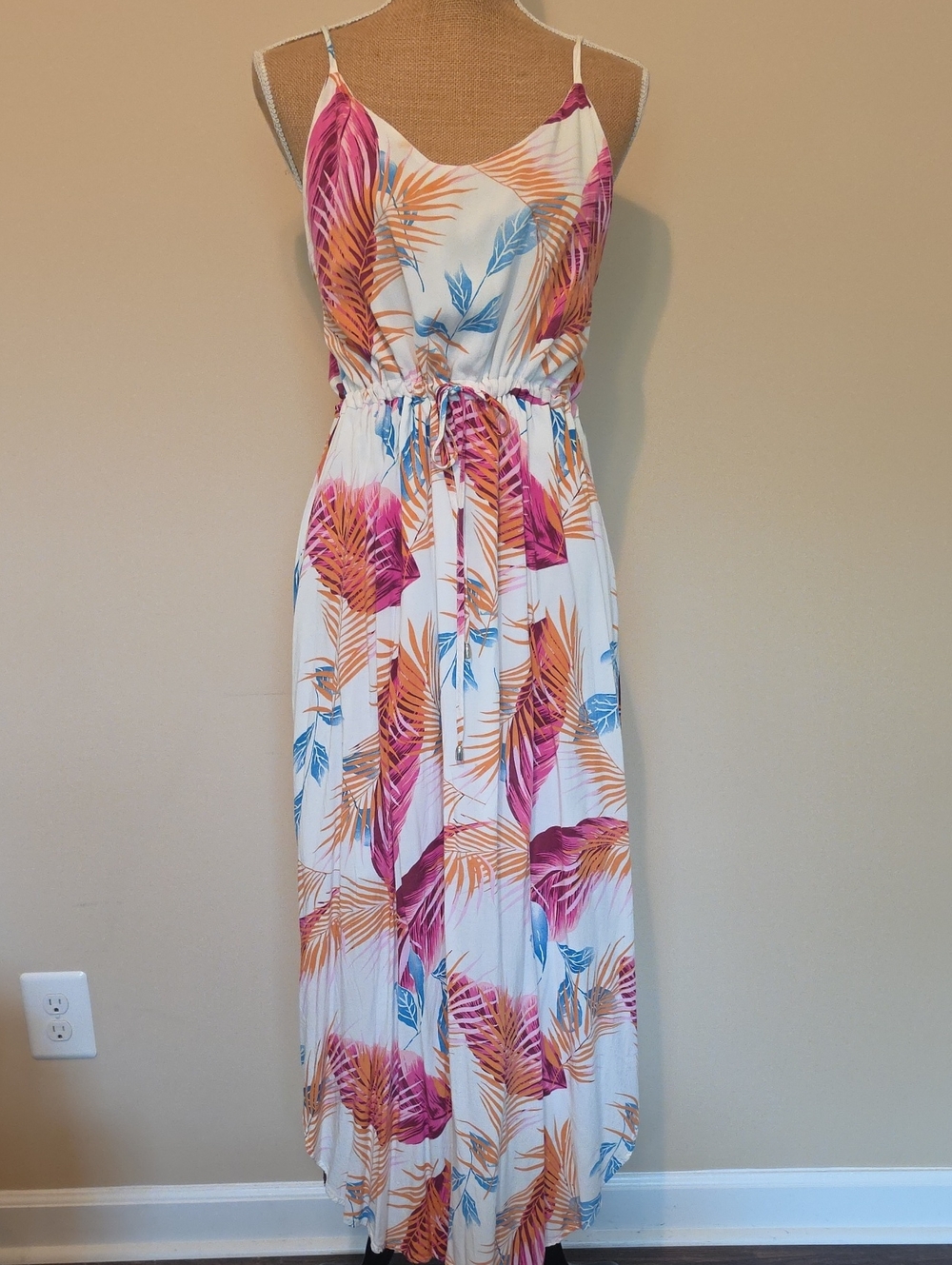 White Maxi Dress with Pink, Orange & Blue Tropical Print